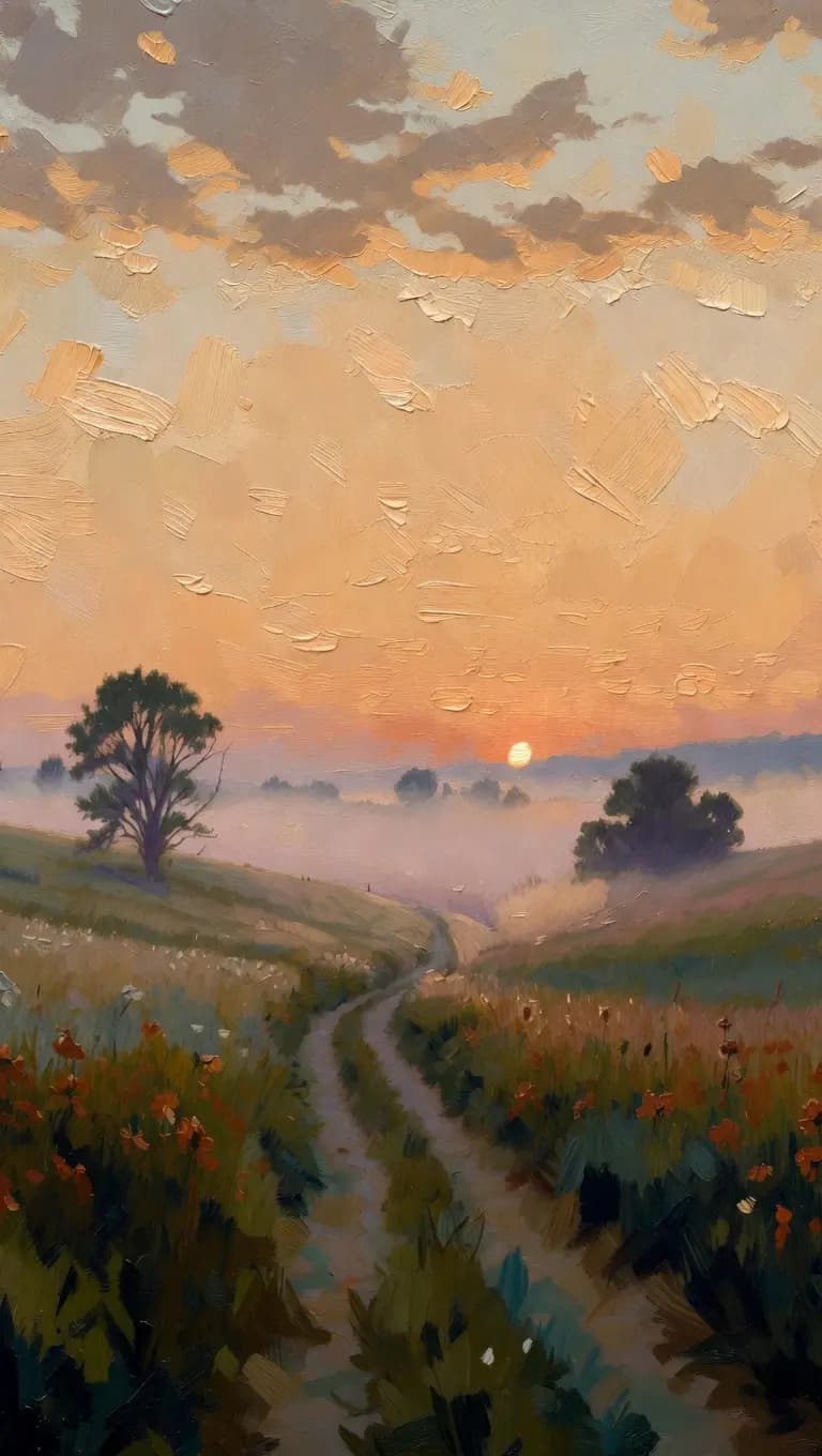 Oil painting of a meadow path at golden hour — ochre sky, terracotta poppies, sage grass